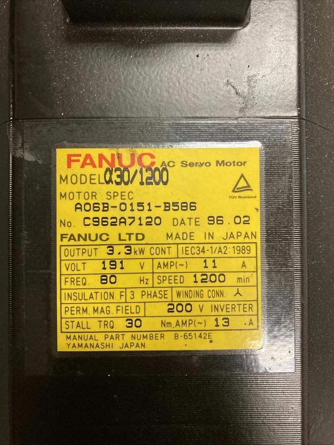 Used FANUC A06B-0151-B586 AC Servo Motor A30/1200, WORKING CONDITION | U.S.A. SELLER