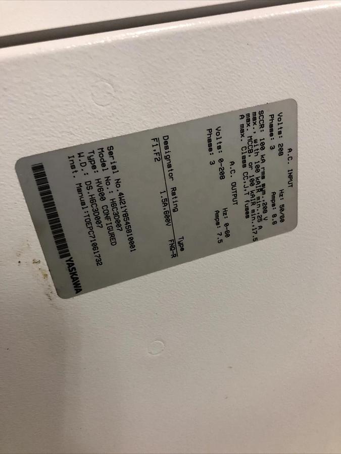 YASKAWA ELECTRIC H6C3D007, yaskawa HV60U2011CFA VFD, HV600, HLL36000S15, New *