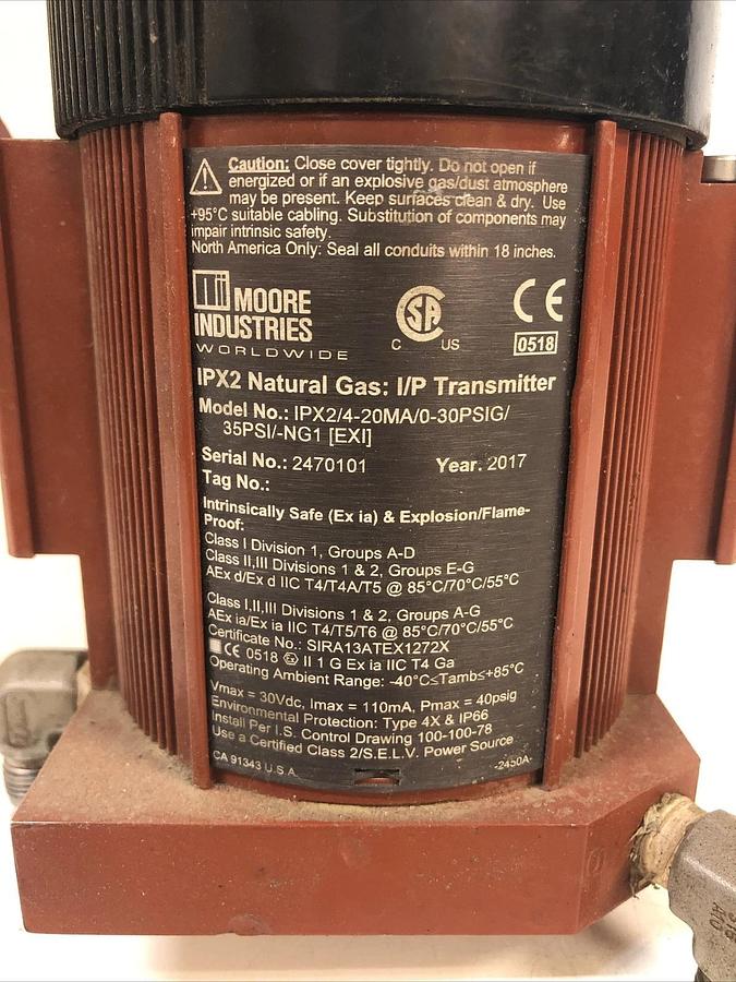 Used 25 Moore Industries IPX2 Natural Gas IP Transmitter IPX2/4-20MA/0-30PSIG/35psi*