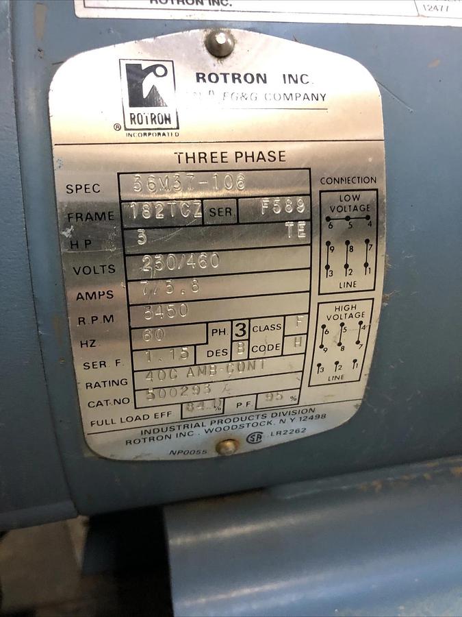Used AMETEK (EG&G) ROTRON REGENERATIVE BLOWER DR6K72 027600 230/460VAC 3hp Pump Skid