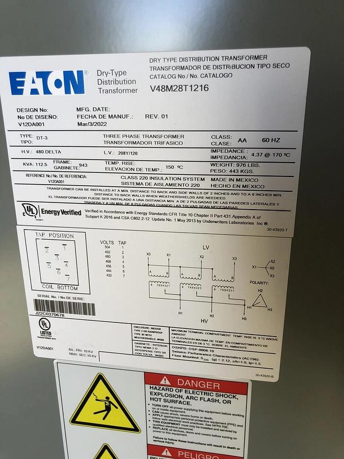 Used EATON V48M28T1216LS47 3 PHASE 112.5 KVA DRY TYPE TRANSFORMER 480 X 208Y/120 NEW*
