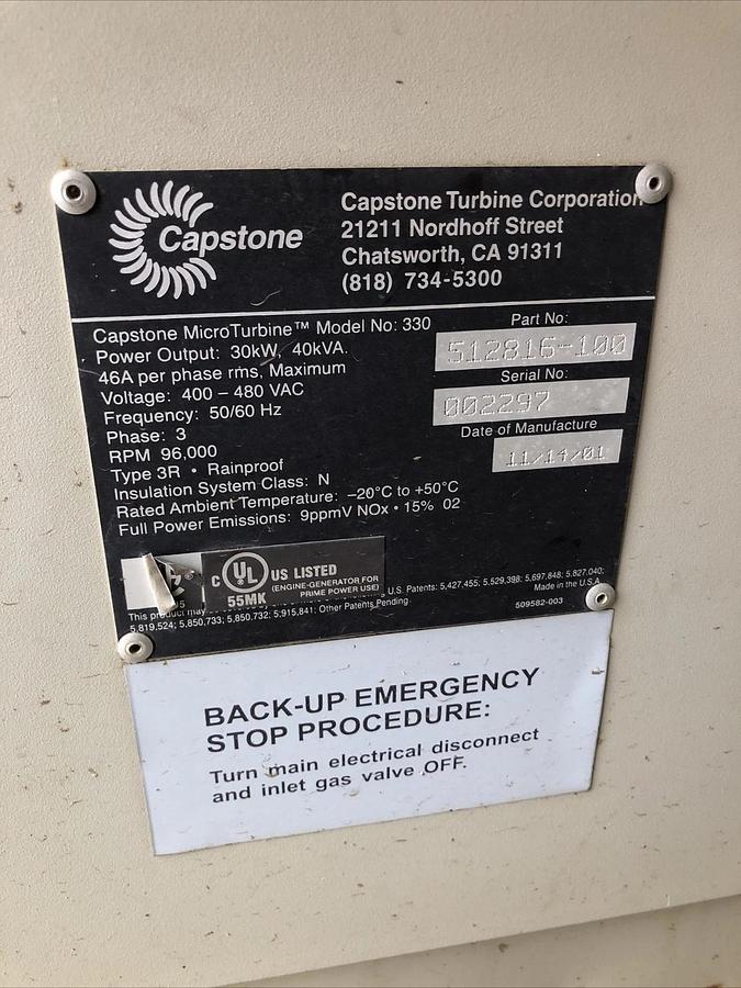 Used Capstone Microturbine  330 Turbine NatGas 3PH 480V 28kW (?)Generator Untested
