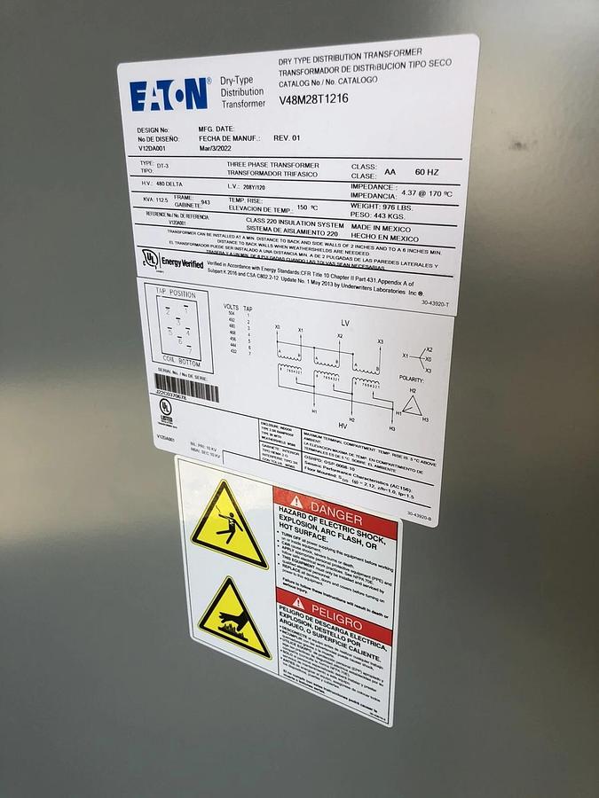 Used EATON V48M28T1216LS47 3 PHASE 112.5 KVA DRY TYPE TRANSFORMER 480 X 208Y/120 NEW*