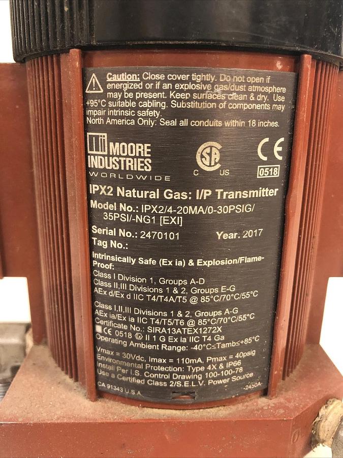 Used 25 Moore Industries IPX2 Natural Gas IP Transmitter IPX2/4-20MA/0-30PSIG/35psi*