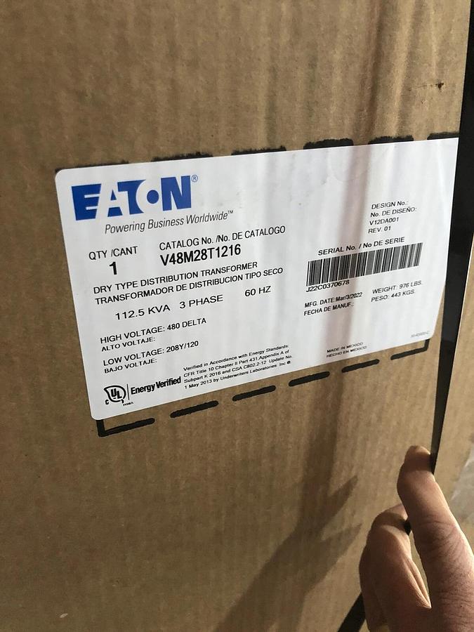 Used EATON V48M28T1216LS47 3 PHASE 112.5 KVA DRY TYPE TRANSFORMER 480 X 208Y/120 NEW*