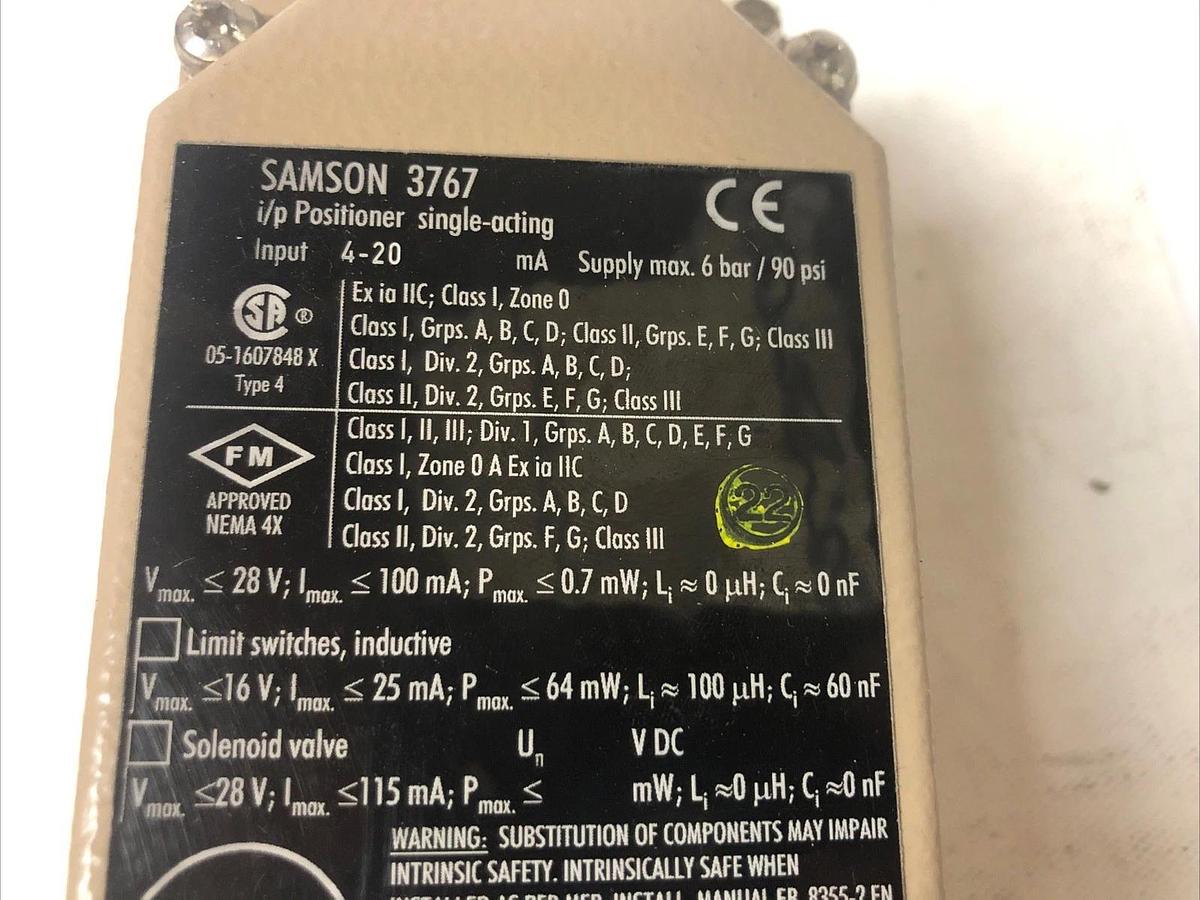 1 New No Box SAMSON 3767 Single-Acting Valve Positioner, 90Psi, 28V Max