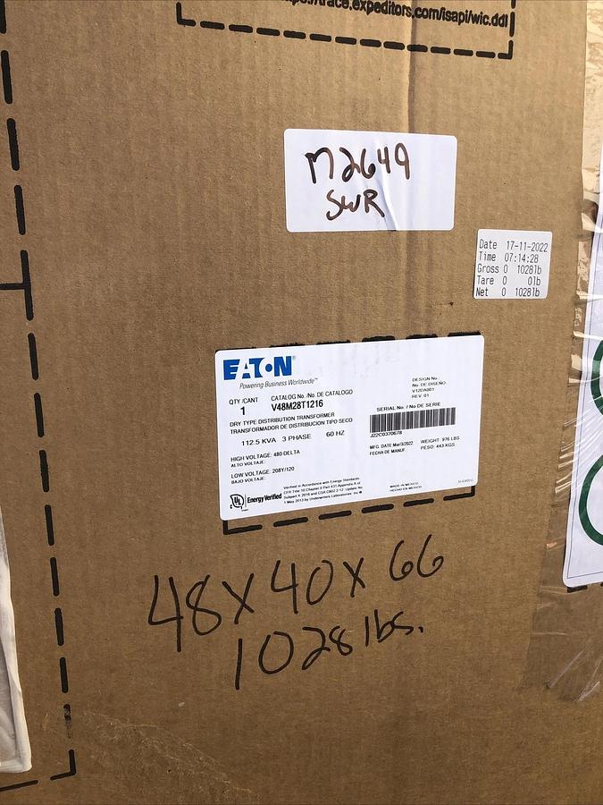 Used EATON V48M28T1216LS47 3 PHASE 112.5 KVA DRY TYPE TRANSFORMER 480 X 208Y/120 NEW*