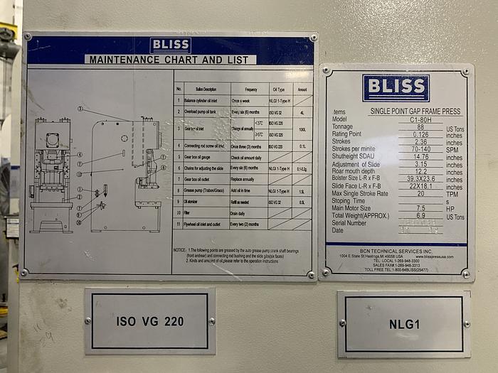 88 ton Bliss Gap Frame Mechanical Press High Speed (NEW In-Stock)