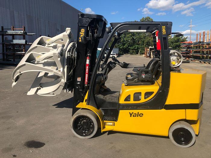 Used 12,000 POUND YALE ROLL CLAMP TRUCK MODEL GLC120VXPRS W/ 72" CLAMP MFG. 2015 LOWERED MAST 92"