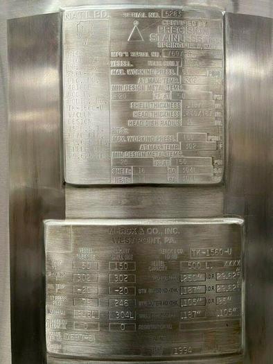 Used Precision 500 Liter 50 PSI Stainless Steel Jacketed Bioreactor w/ 150 PSI Jacket