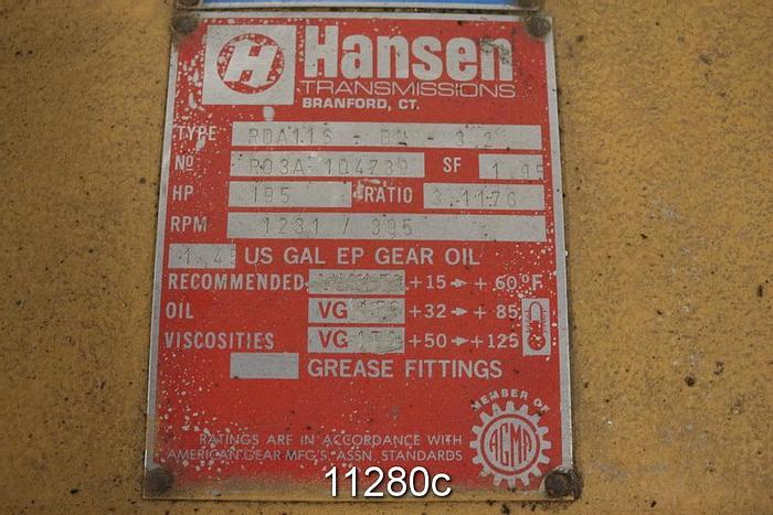 Used Hansen RDA11S-BN-3.2 Parallel Shaft Gear Drive, 3.1176/1 Ratio, 195 Hp, 1.95 Sf #11280