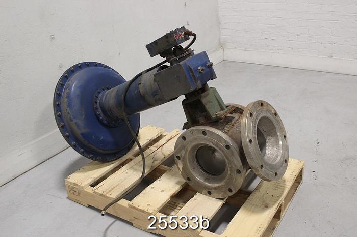 Used Jamesbury 3 Way Valve, 8", Body CF8M, Jamesbury Pmv Positioner Indicator #25533