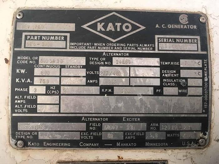 Used Kato 600kW Single Bearing Brushless, Synchronous AC Generator End