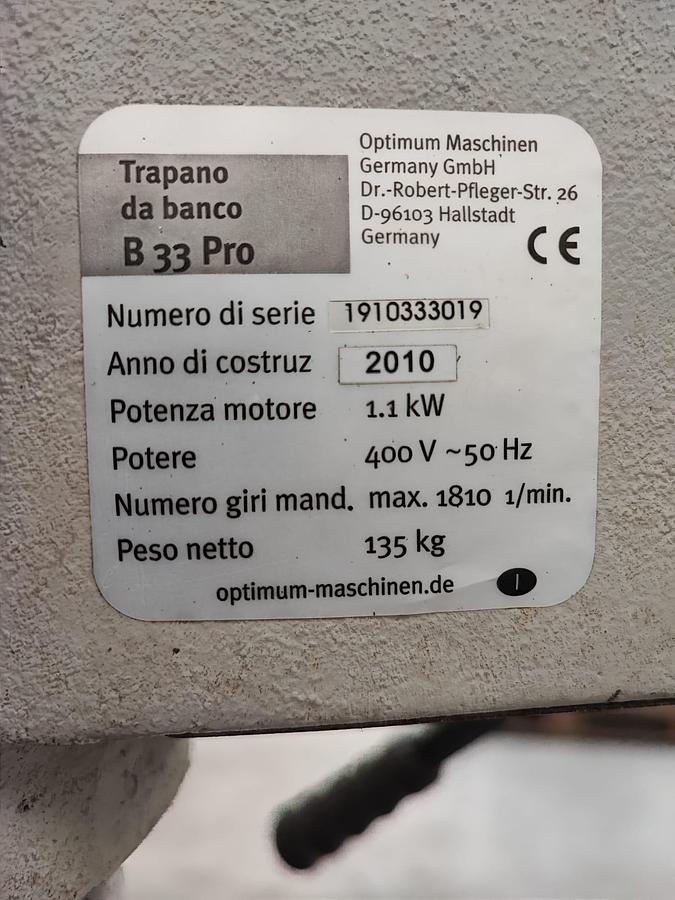 Usato Trapano a colonna OPTIMUM B33 PRO 400V con trasmissione a cinghia - tavola inclinabile