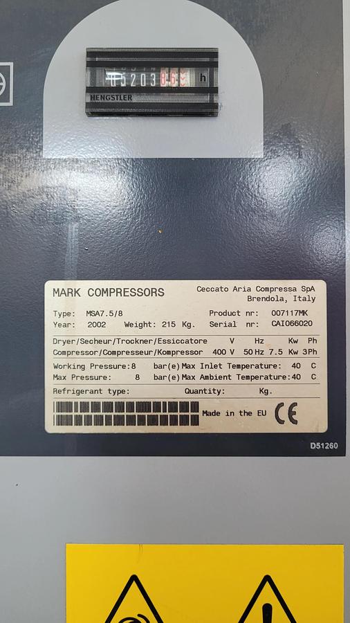 Usato Compressore rotativo a vite silenziato MARK MSA 7,5/8 + Ecowater FINI + serbatoio 500 Lt