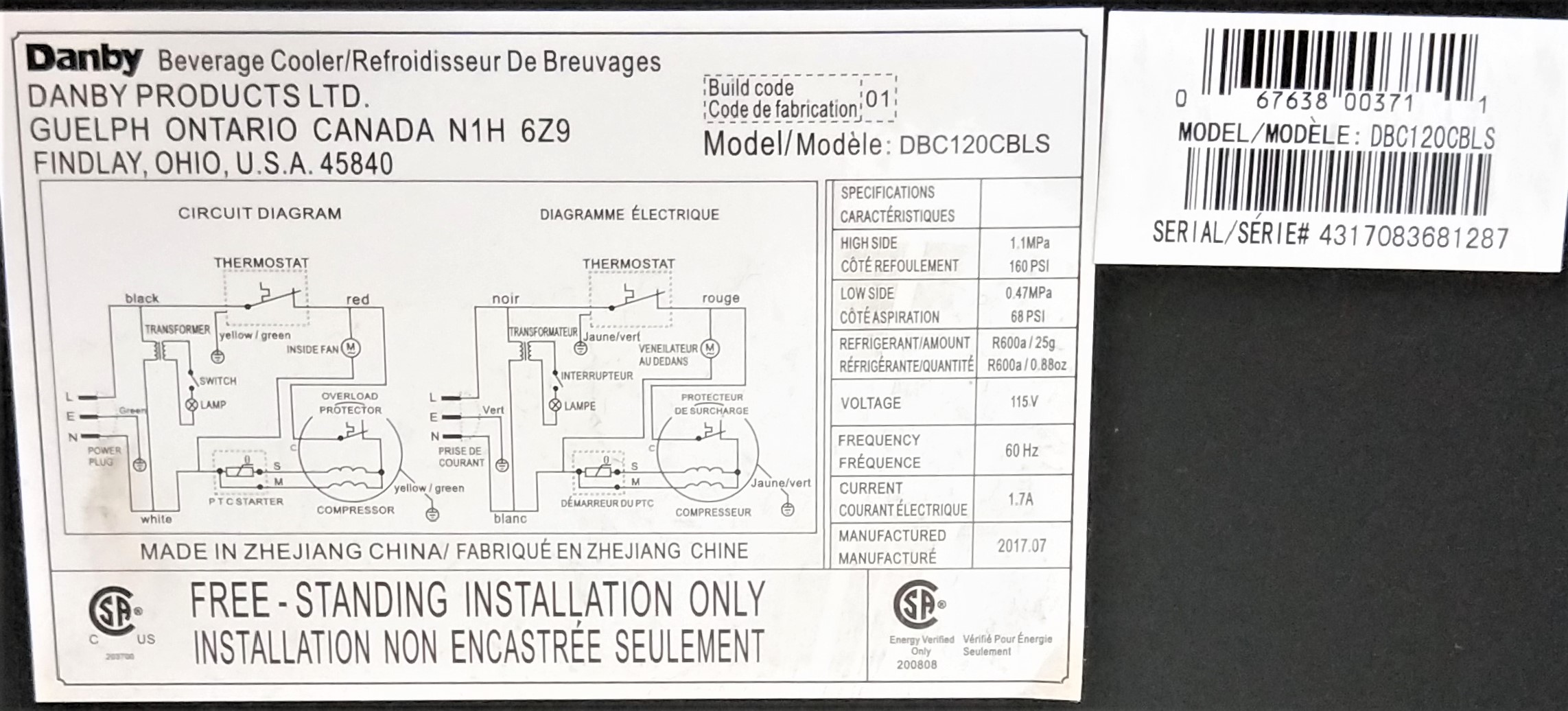 Used Danby DBC120CBLS Undercounter Refrigerator