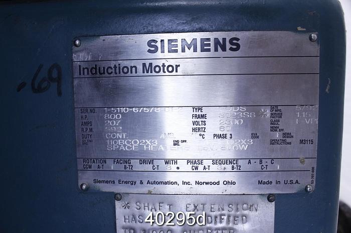 Used Siemens 800 HP Induction Motor, 592 RPM, 2300 Volts, 3023S8 Frame #40295