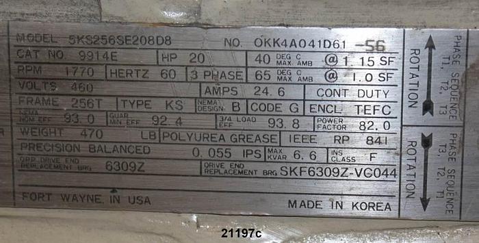 Used General Electric 5KS256SE208D8 20Hp-1770 Rpm Ac Motor #21197