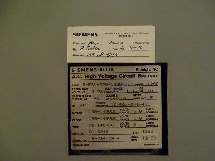 Used SIEMENS-ALLIS AC HIGH VOLTAGE CIRCUIT BREAKER 5-FSV-350-1200-78 FIVE AVAILABLE