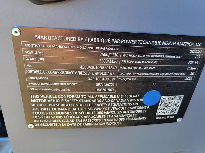 Qty (9) New Atlas Copco XAS 188 Portable Air Compressor--Ready November 2022