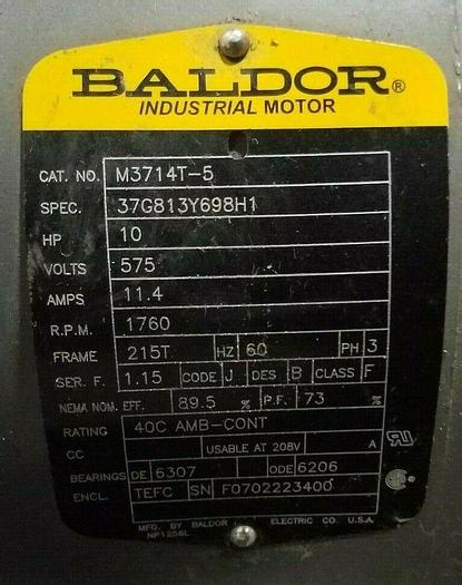 Used Baldor 10 Hp Electric Motor 575 Volts 3 Phase 215T Frame 1760 RPM