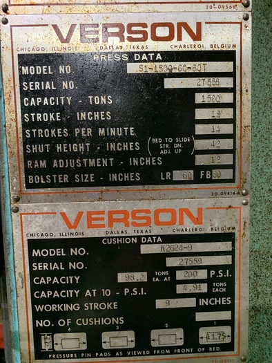 Used 1500 ton Verson Single Point Stamping Press