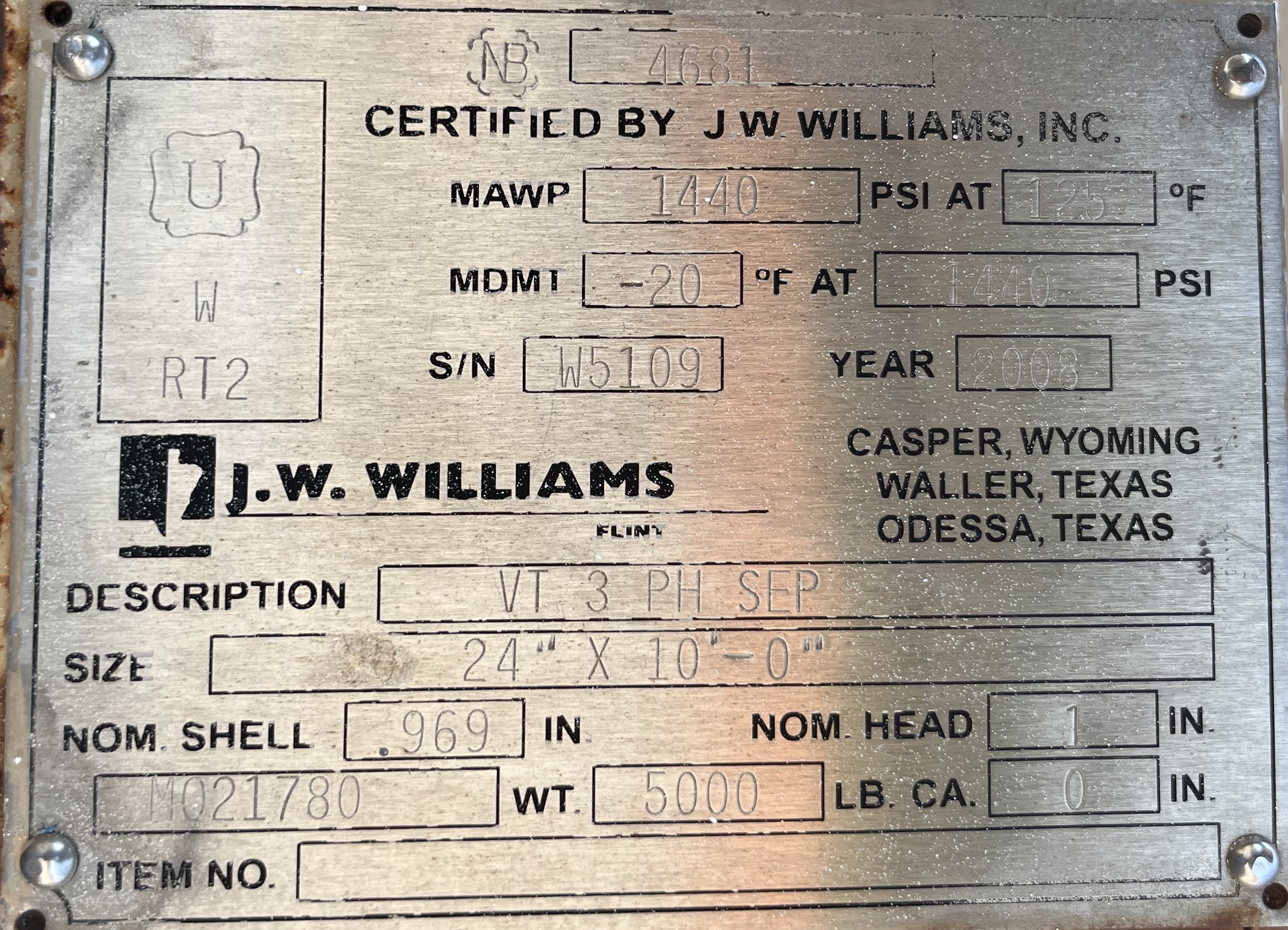 Used Separator, Vertical, 3P, 24"x10', 1440#