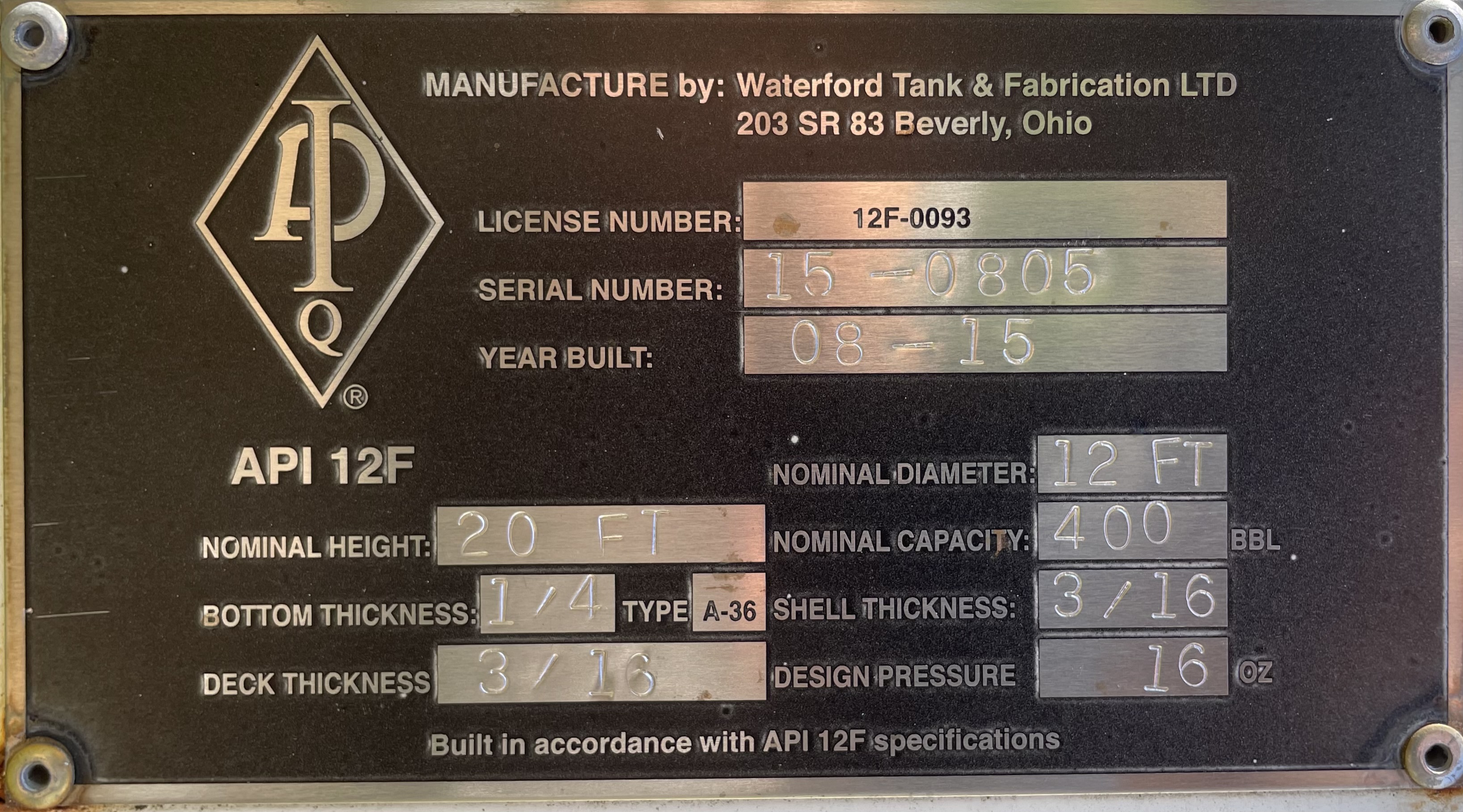 Used Tank, Vertical, 400 BBL, 12'"x20'