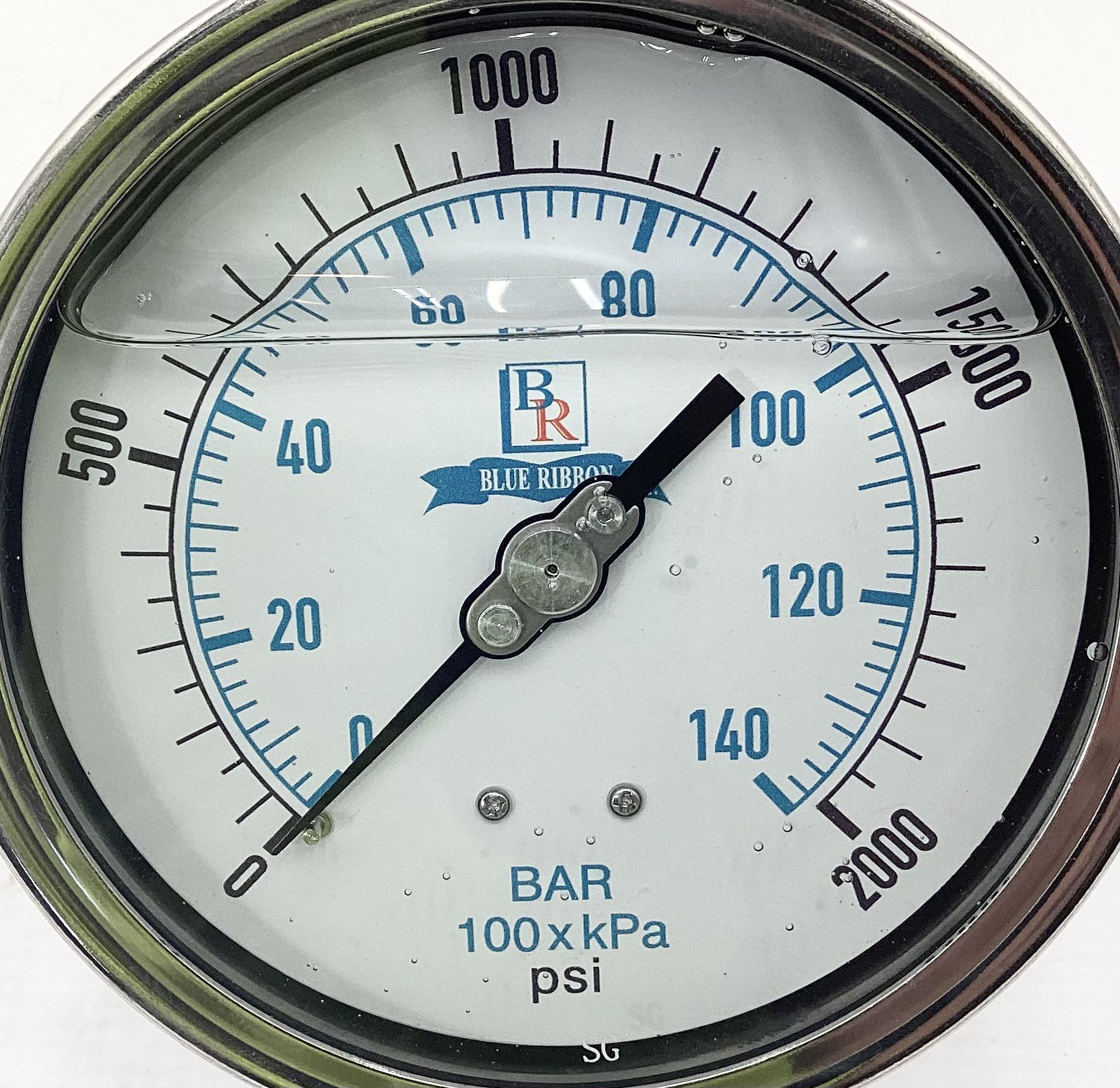 Gauge, Pressure, Liquid Filled, 1/2"x4", 0-2000#