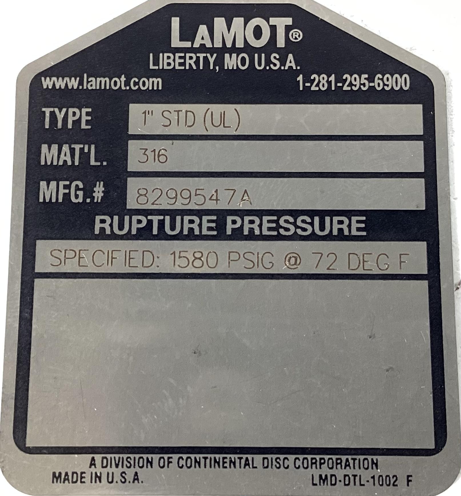 Rupture Disc, 1" 1580 PSIG with Cert Tag