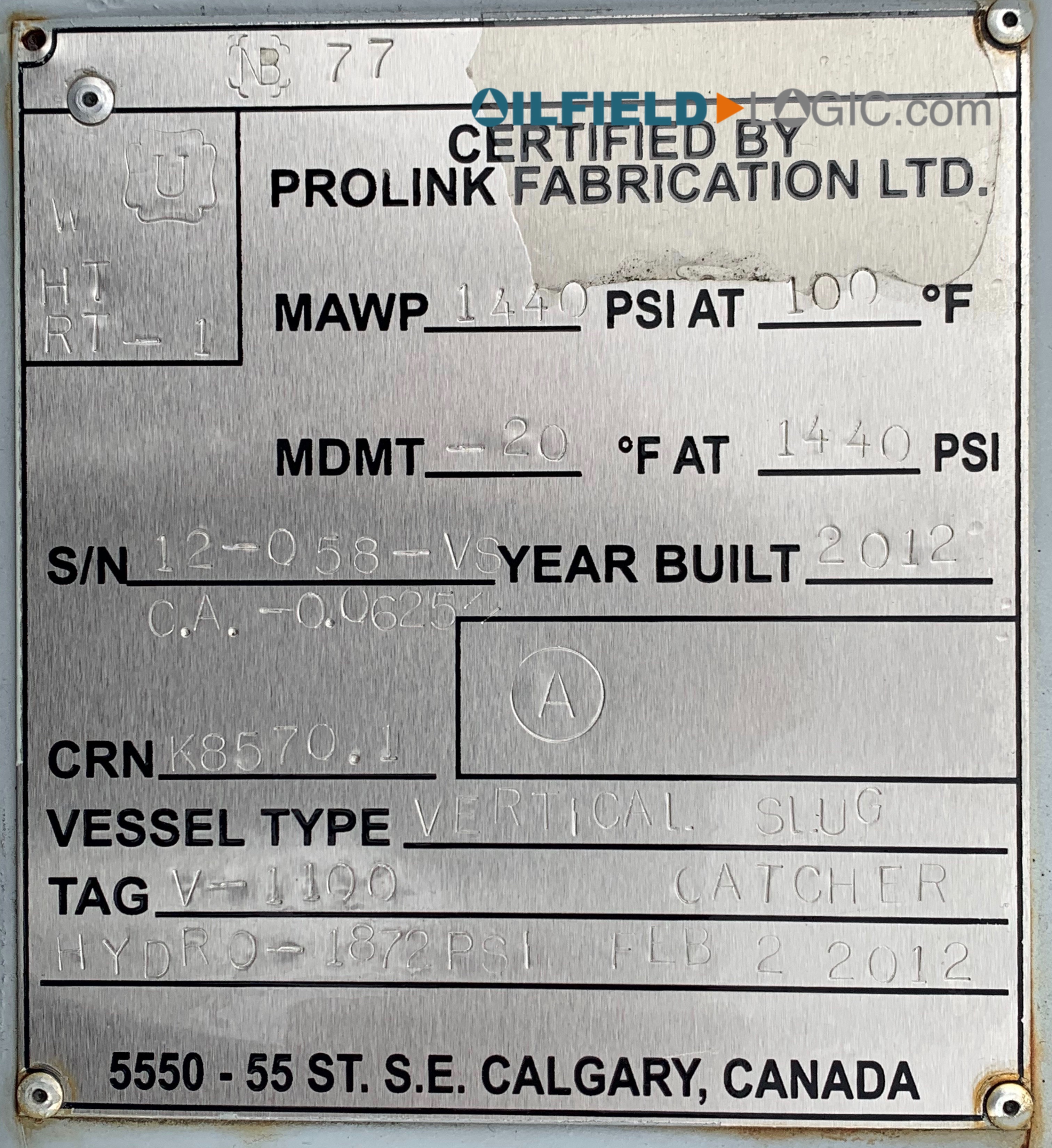 Used Slug Catcher, Vertical, 2P, 48"x10',1440#