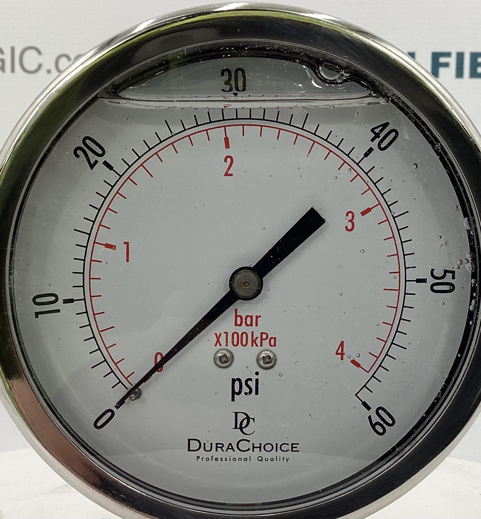 Gauge, Pressure, Liquid Filled, 1/2"x4", 0-60#