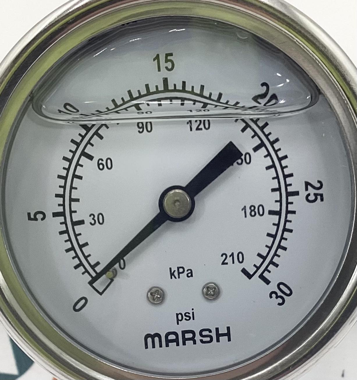 Gauge, Pressure, Liquid Filled, 1/4"x2-1/4", 0-30#