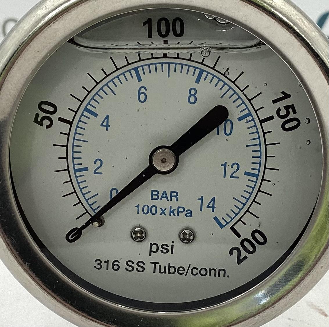 Gauge, Pressure, Liquid Filled, 1/4"x2-1/2", 0-200#