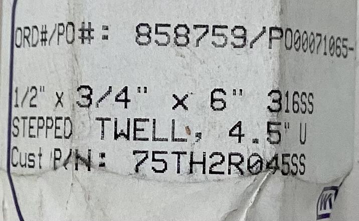 Thermowell, Thd, 1/2"x3/4"x6",