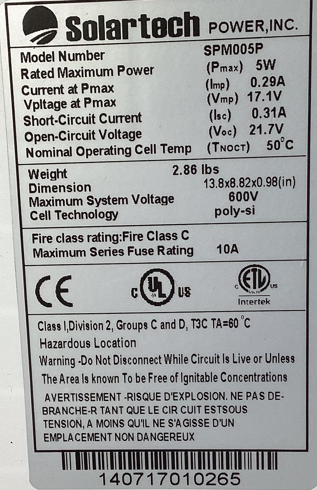 Solar Panel, 600V, Model #SPM005P