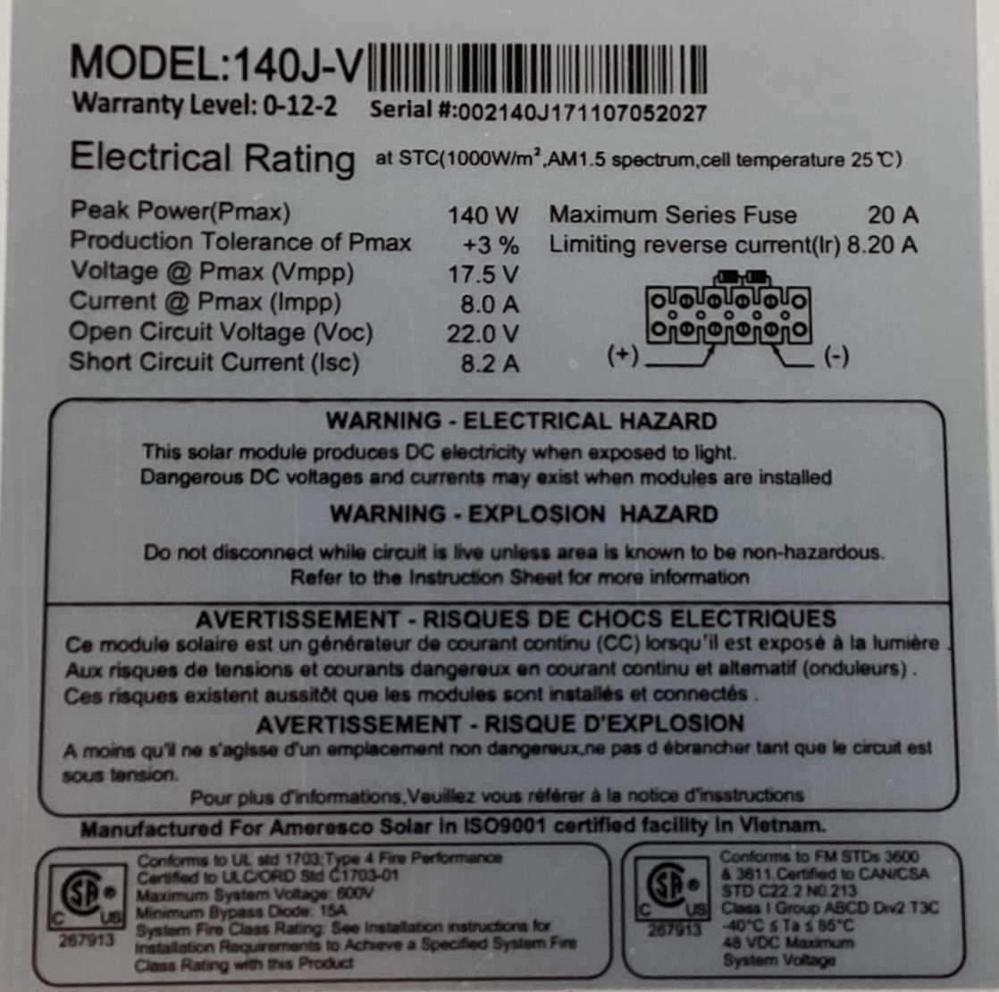 Ameresco 12V 130W Solar Panel