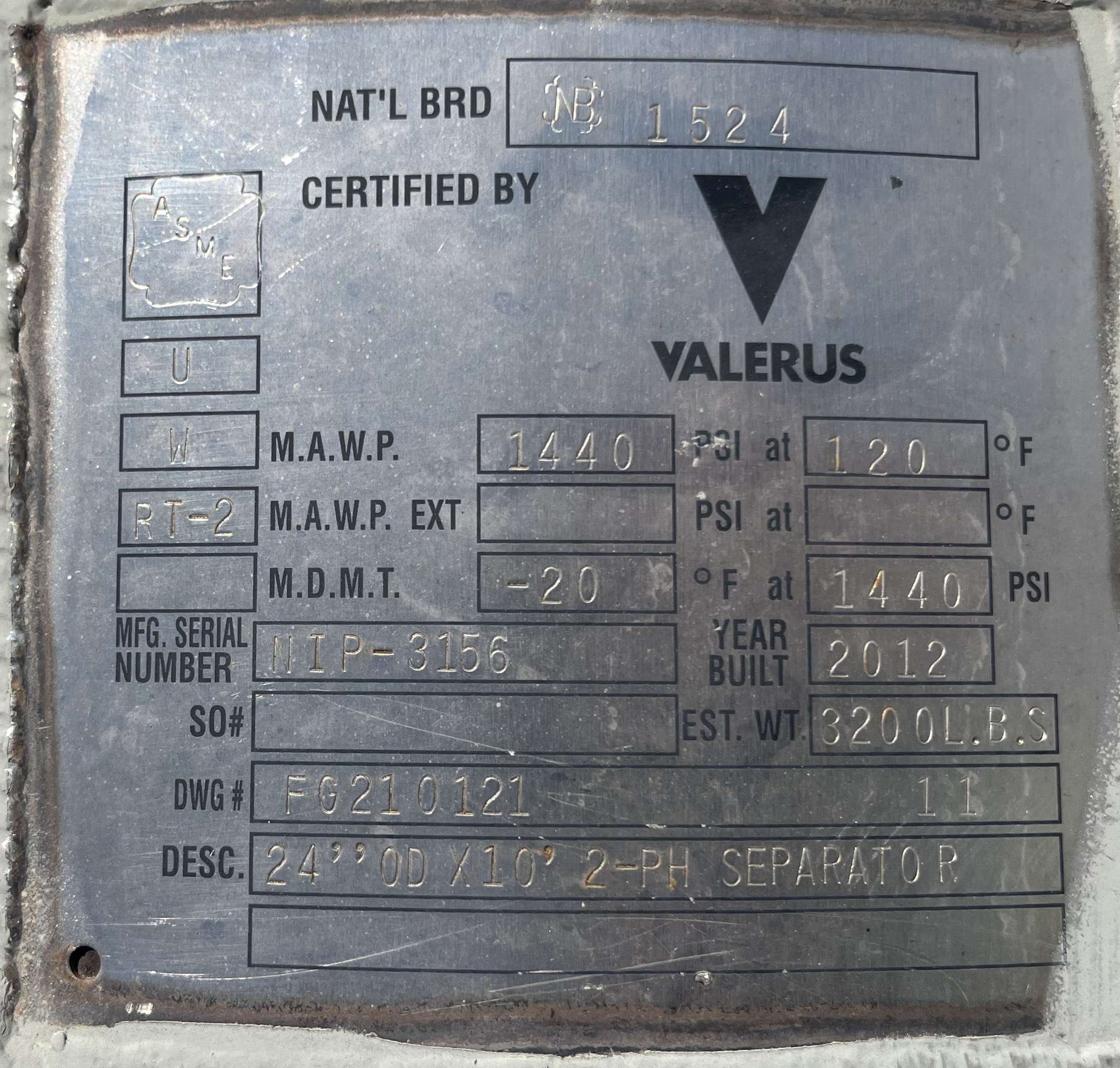 Used Separator, Vertical, 2P, 24"x10', 1440#