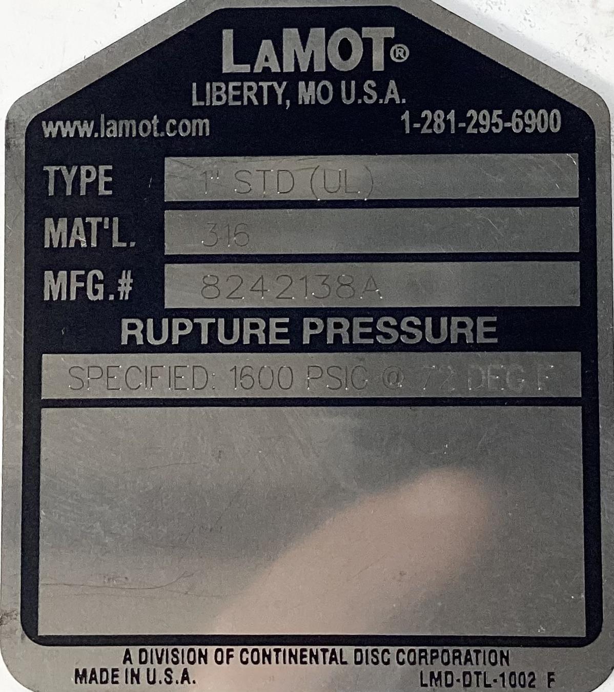 Rupture Disc, 1" 1600 PSIG with Cert Tag