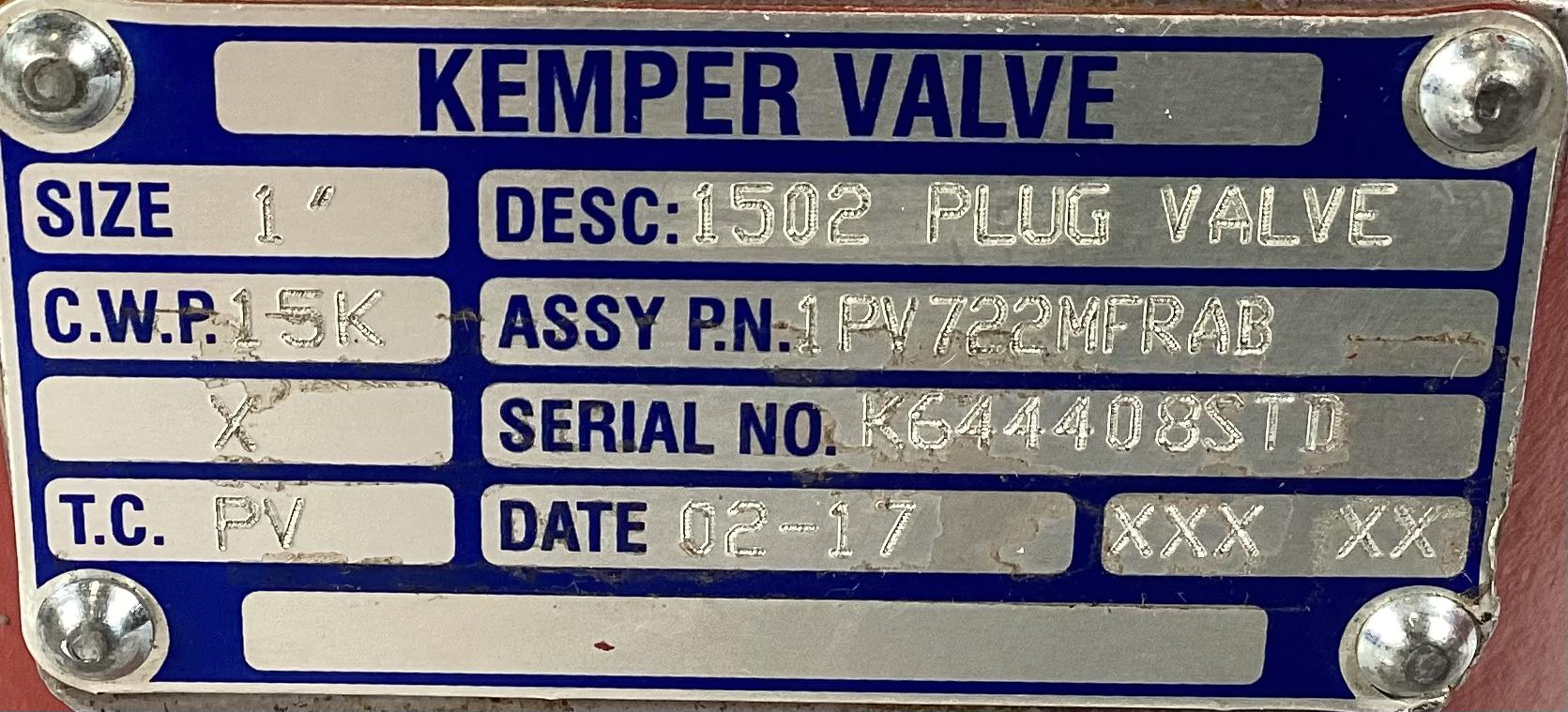 Kemper 1" 1502 Plug Valve, 15,000# WP