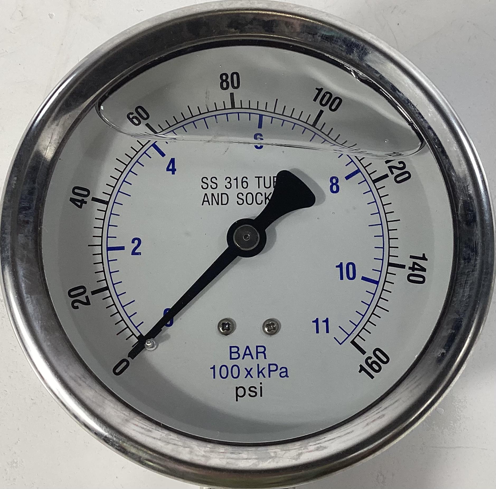Gauge, Pressure, Liquid Filled, 1/2"x4-1/4", 0-160