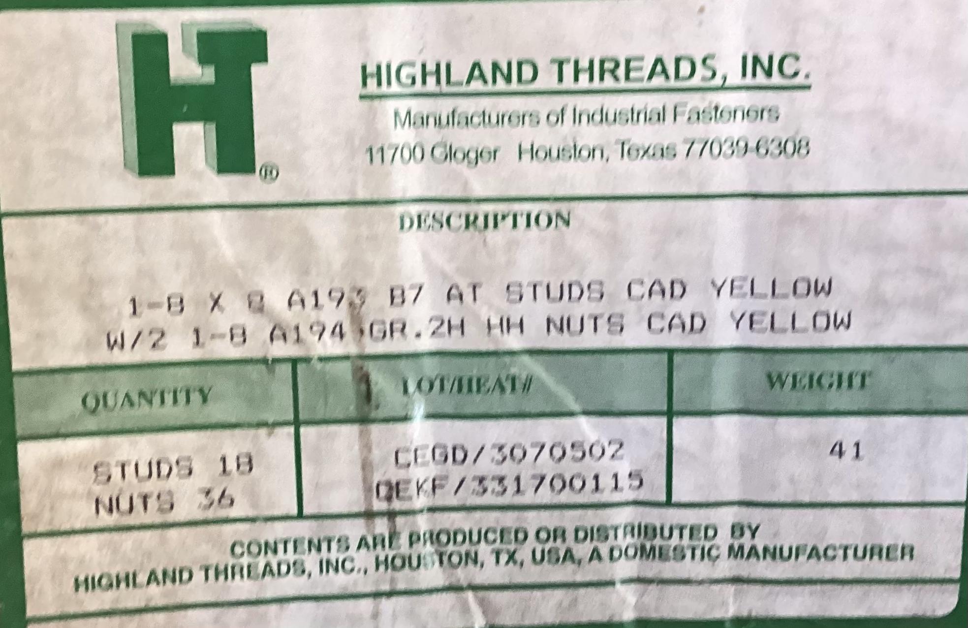 Stud, THD, 1"-8 x 8", Cadmium