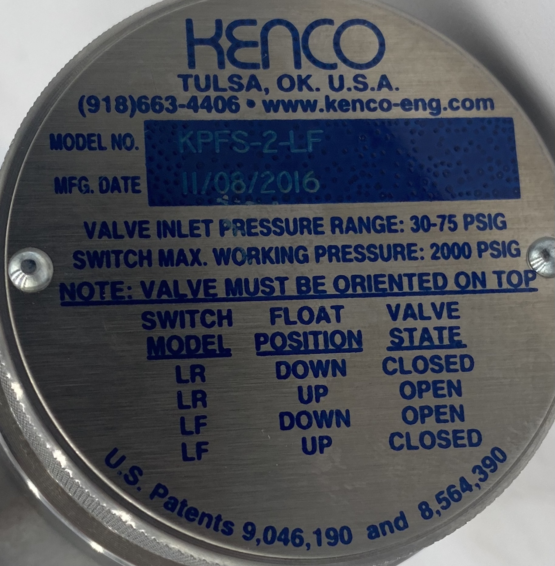 Level Switch, Pneumatic Float , Kenco, KPFS, 2" NPT