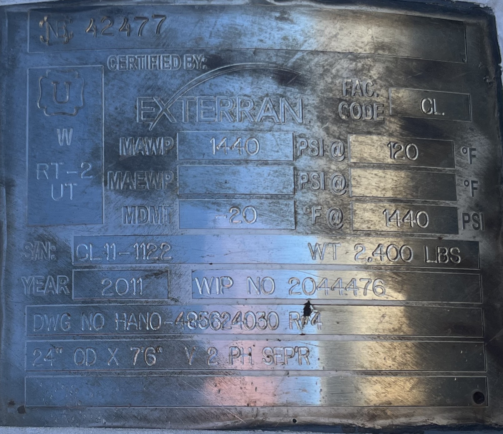 Used Separator, Vertical, 2P, 24"x7'6", 1440#