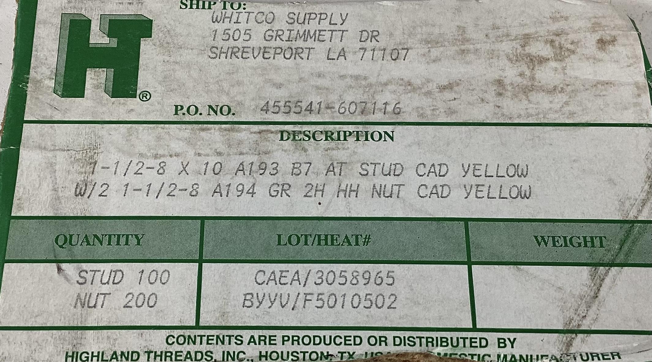 Stud, THD, 1-1/8"-8x10", Cadmium