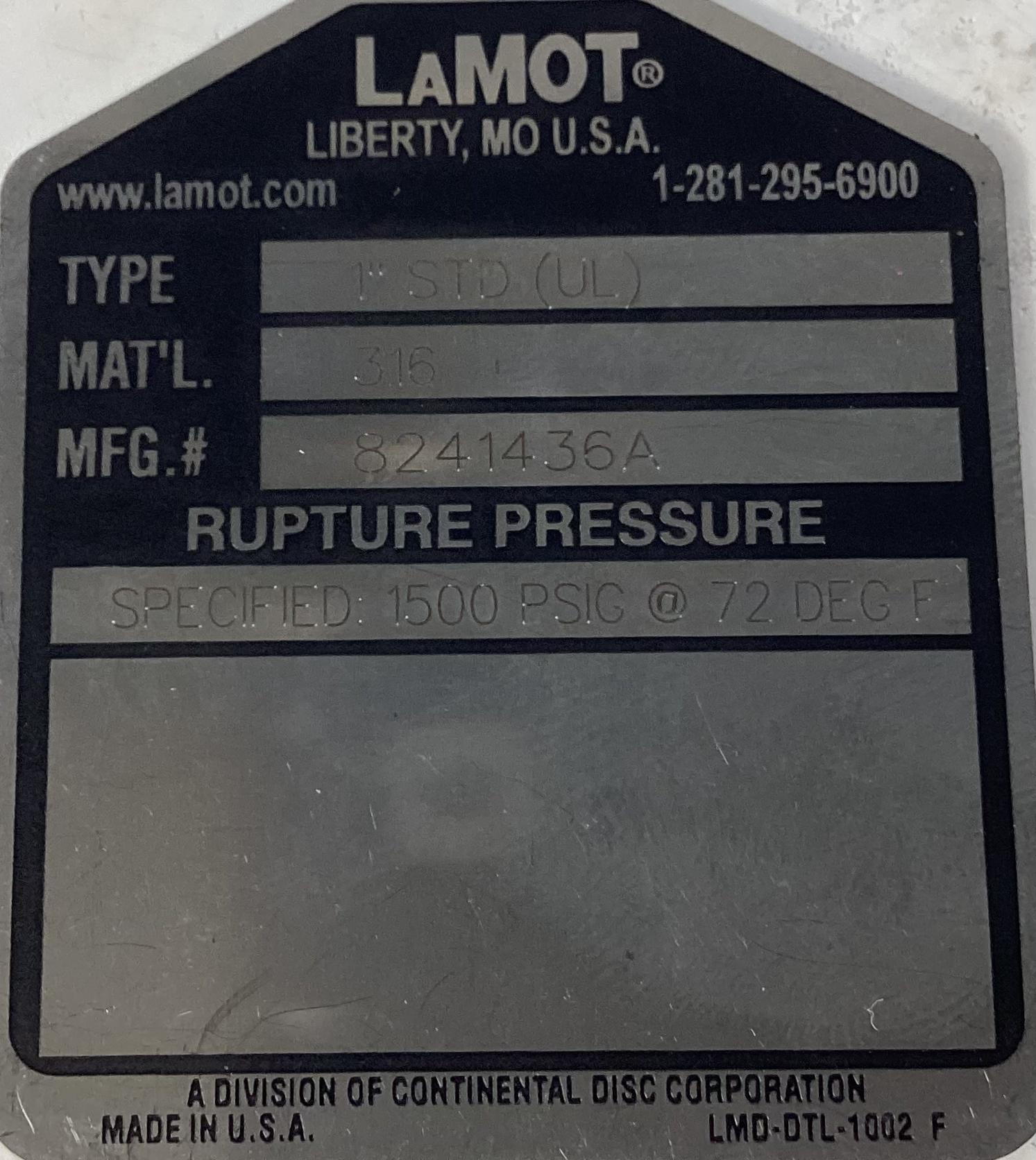 Rupture Disc, 1" 1500 PSIG with Cert Tag.