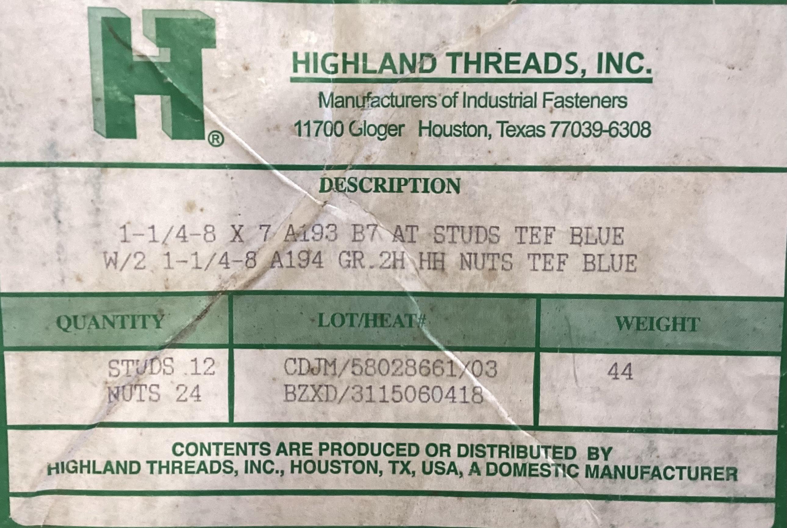 Stud, THD, 1-1/4-8" x 7-1/4", Teflon