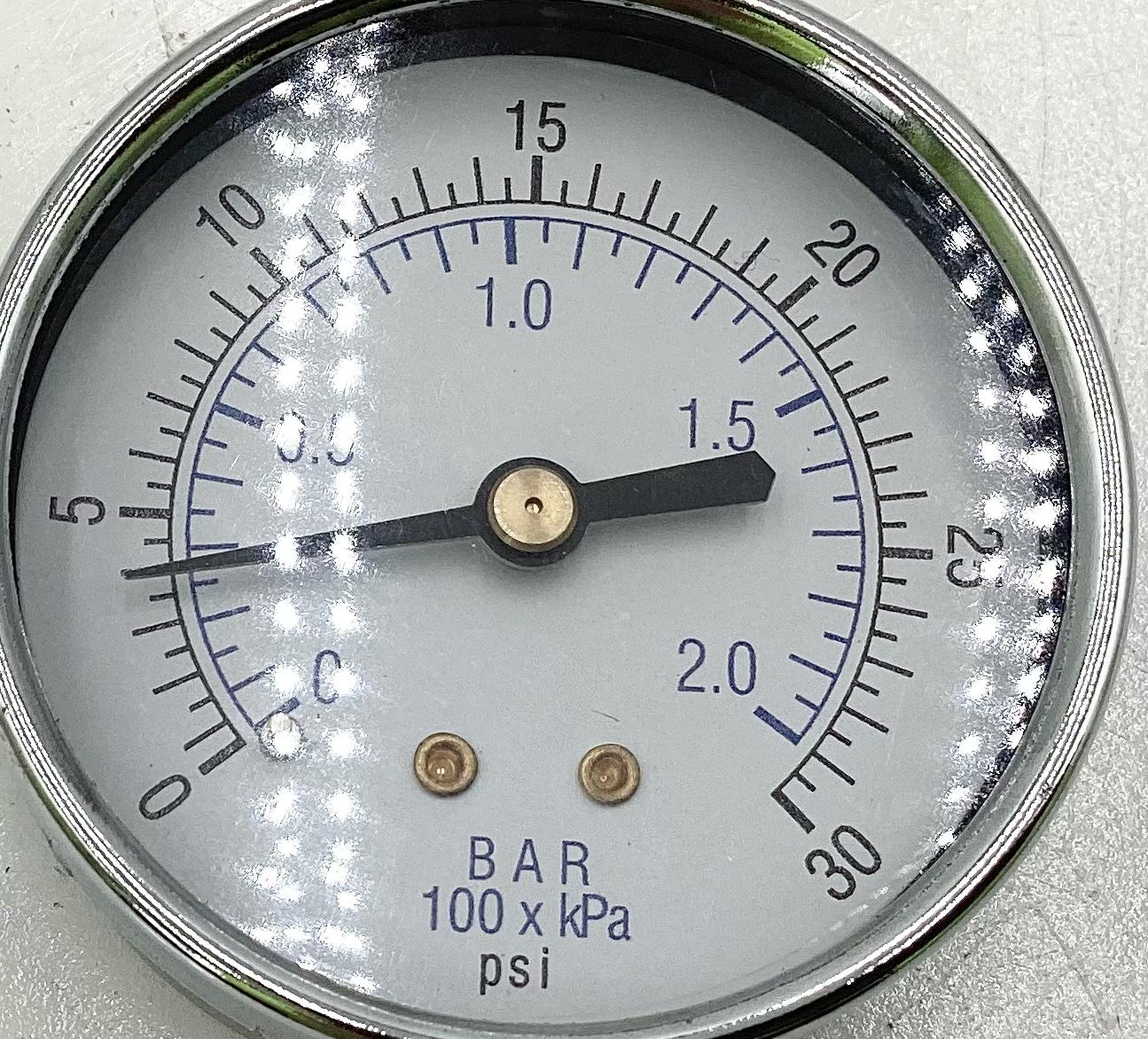 Gauge, Pressure, Liquid Filled, 1/4"x2-1/2", 0-30#