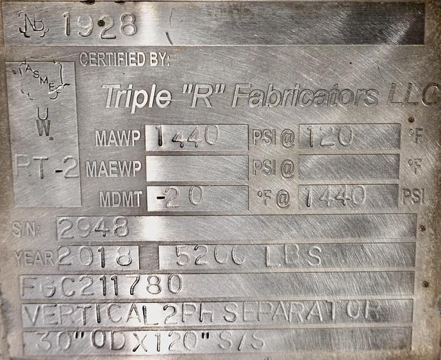 Used Separator, Vertical, 2P, 30"x10', 1440#