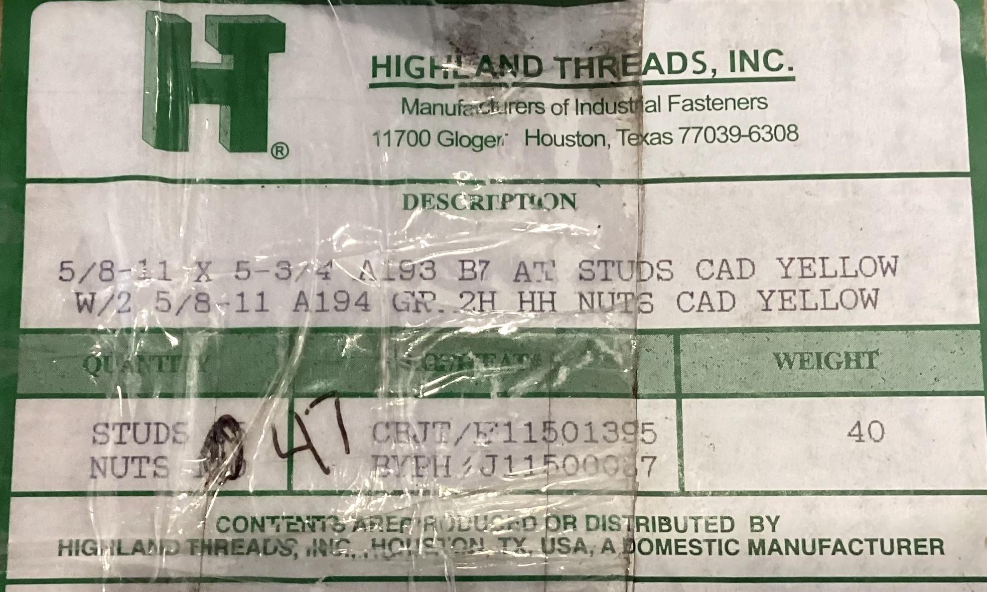 Stud, THD, 5/8"-11x5-3/4", Cadmium